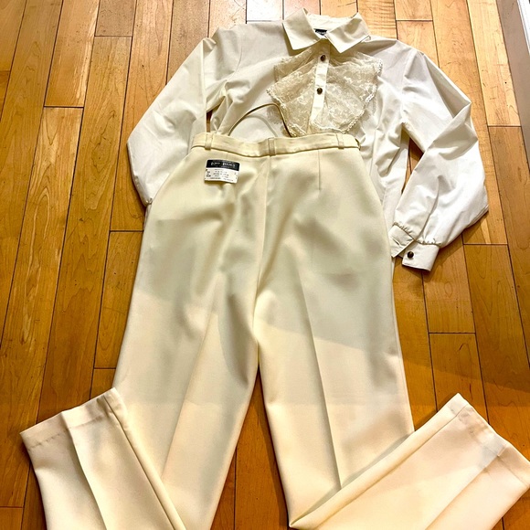 Vintage Ivory Monochromatic High Waisted Pants & Lace Ruffled Blouse Outfit - Picture 7 of 7